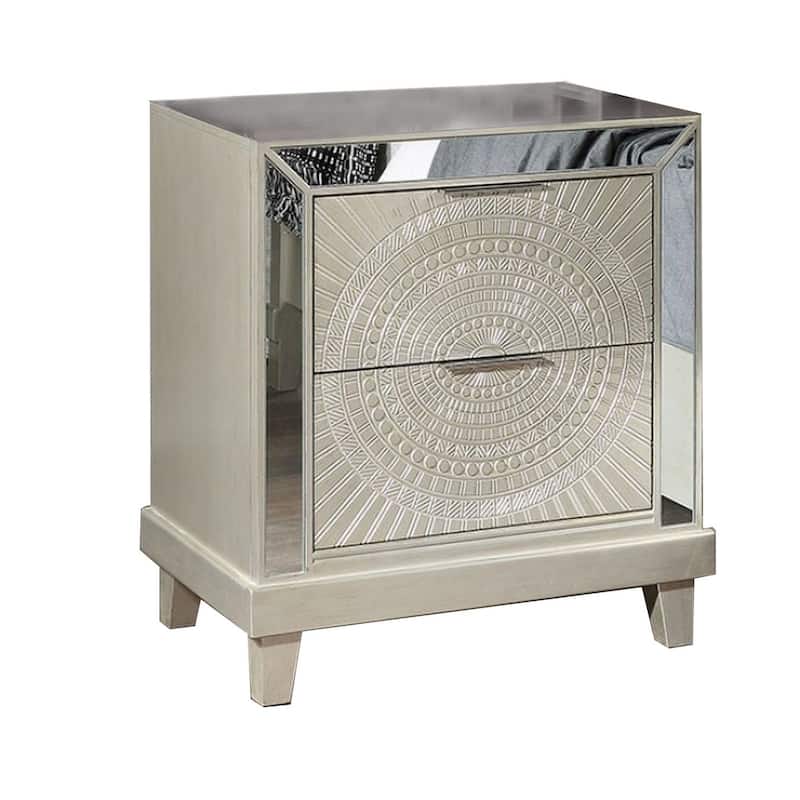 Pok 28 Inch Modern 2 Drawer Nightstand, Beveled Mirror Trim, Champagne