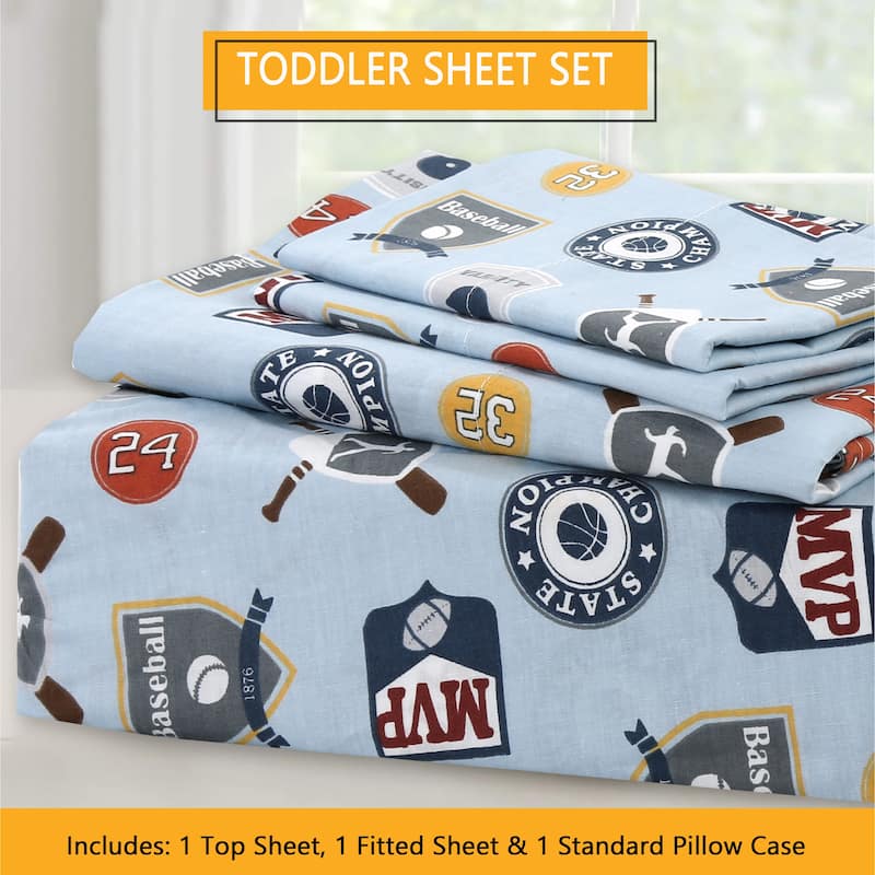 3-Piece Cotton Toddler Sheet Set for Kids Boys & Girls (Animals, Fish, Sports, Floral)