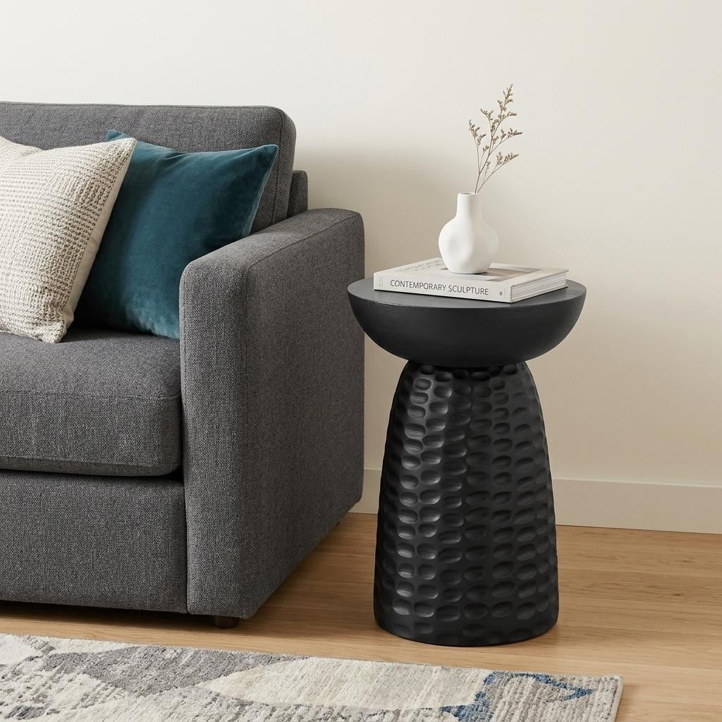HomeRoots 18" Black Distressed Solid Wood Round Pedestal End Table - 12.60 in. x 17.70 in. x 12.60 in.