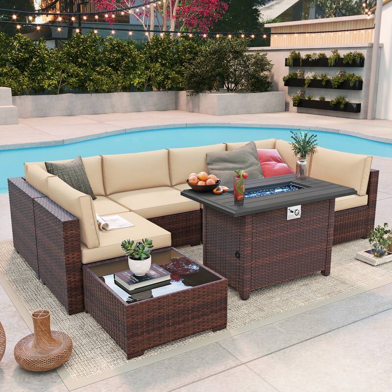Outdoor 8 Pieces Sectional Wicker Sofa Set with Fire Pit - Beige