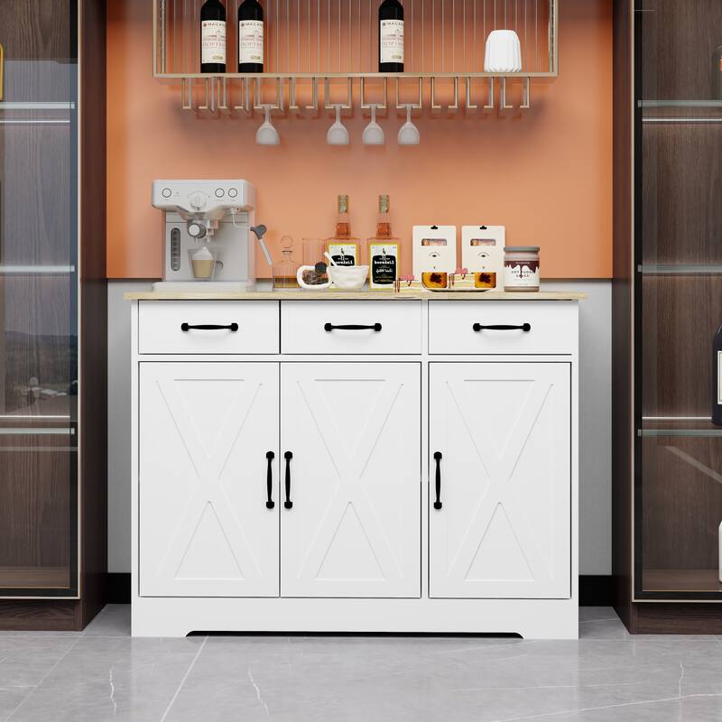 Buffet Sideboard Cabinet with Storage, Modern Farmhouse Coffee Bar Cabinet with 3 Drawers and 3 Doors Adjustable Shelves