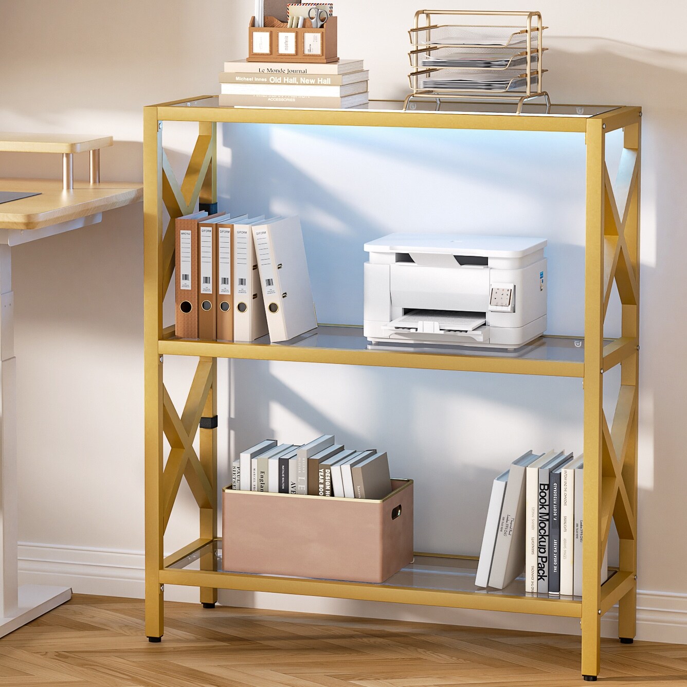 Modern Gold Bookshelf with Tempered Glass Shelves, 3-5 Tiers