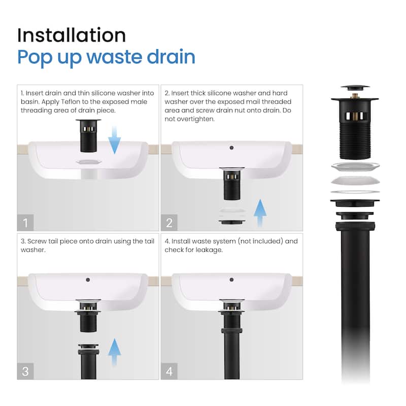 Bathroom Sink Pop Up Drain Stopper with 12" tailpiece, with Overflow