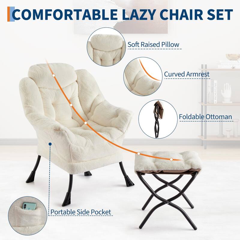 2Pcs Lazy Chair with Ottoman, Modern Lounge Accent Chair,Leisure Sofa Armchair with Footrest,Reading Armchair