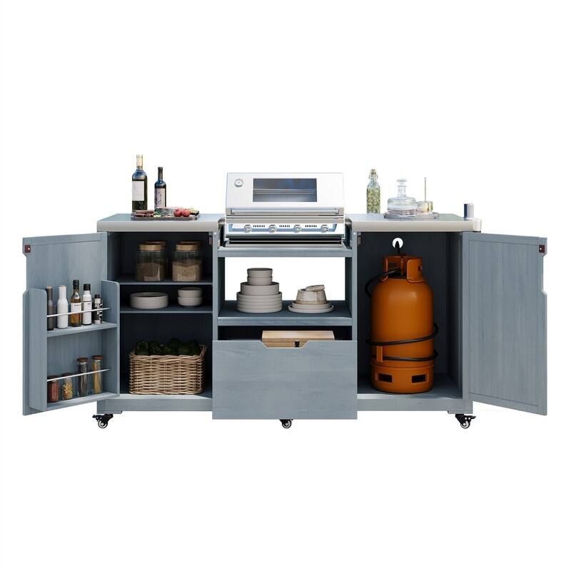 Outdoor Kitchen Island for Big Green Egg Grills, Solid Wood Outdoor Grill Cart w/Stainless Steel Top &Drawer, Patio Kitchen Cart