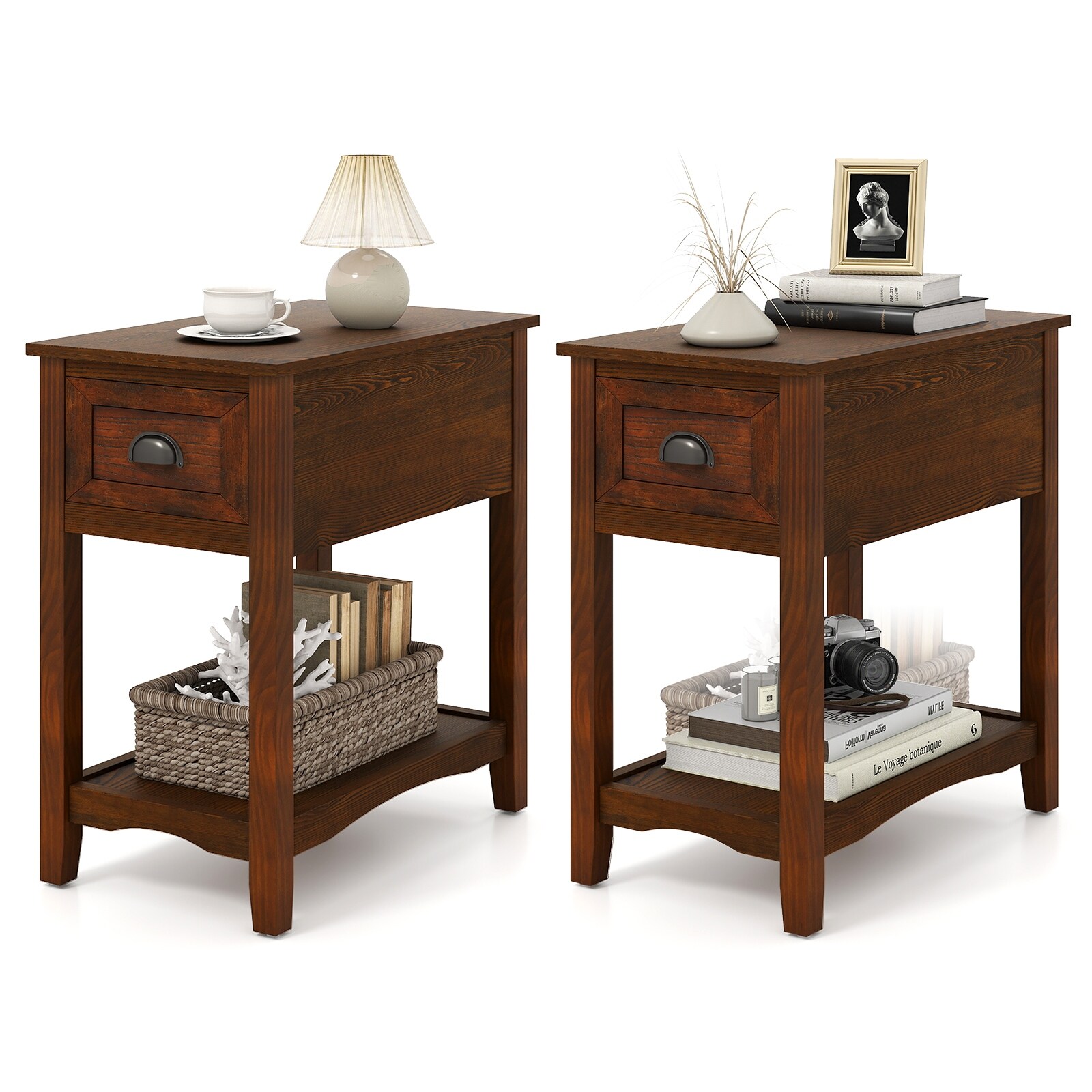 Gymax Set of 2 Contemporary Side End Table Compact Table w/ Drawer - 13'' X 22'' X 23'' (L X W X H)