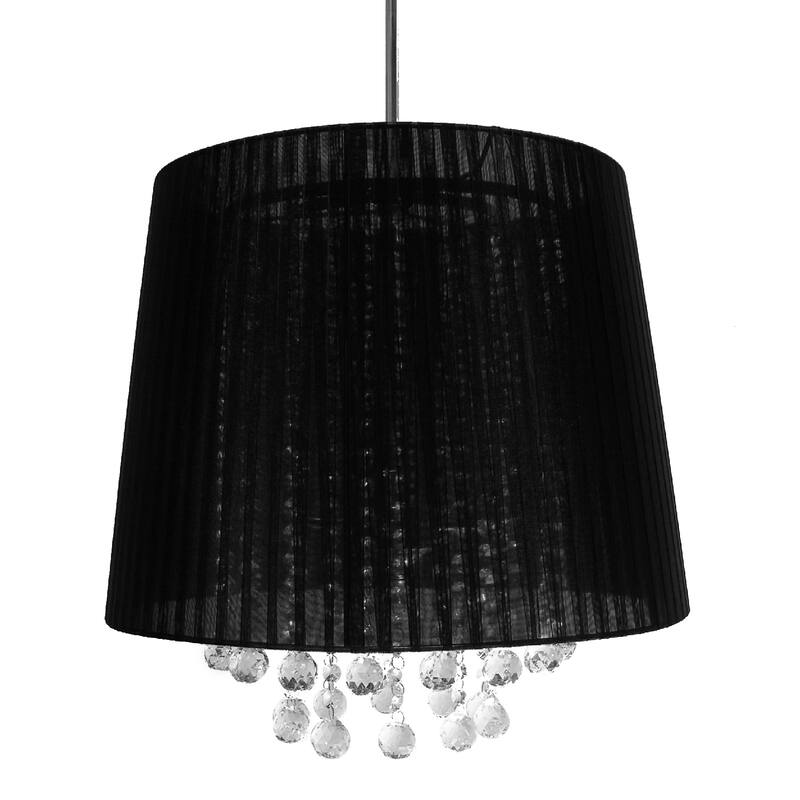 1-Light Black Pleated Fabric Pendant Ceiling Lamp With Draping Crystals