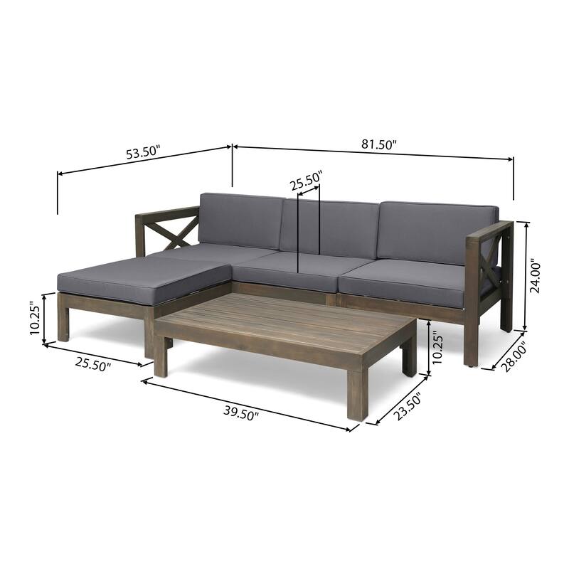 3 Piece Outdoor L-Shape Sofa Set, All-Weather Acacia Wood Conversation Furniture Set with Ottoman and Coffee Table