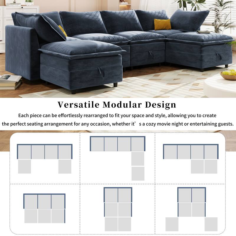 Blue 126" U-Shaped 6-Seater Modular Sofa with Ample Storage, Double Cushions, and Customizable Layout Options