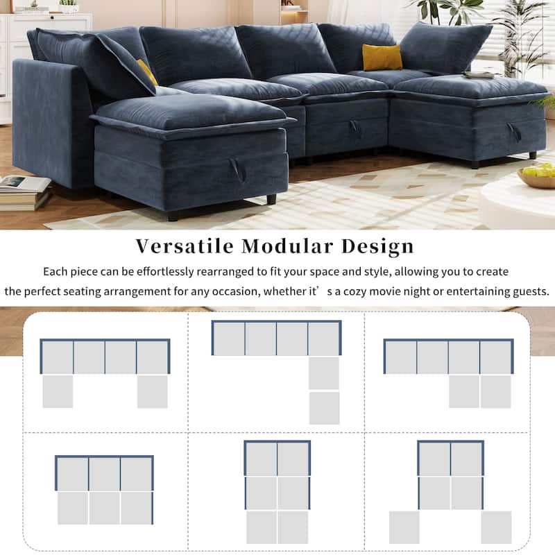 Blue 126" U-Shaped 6 Seater Modular Sofa with Ample Storage, Double Cushions and Customizable Arrangement