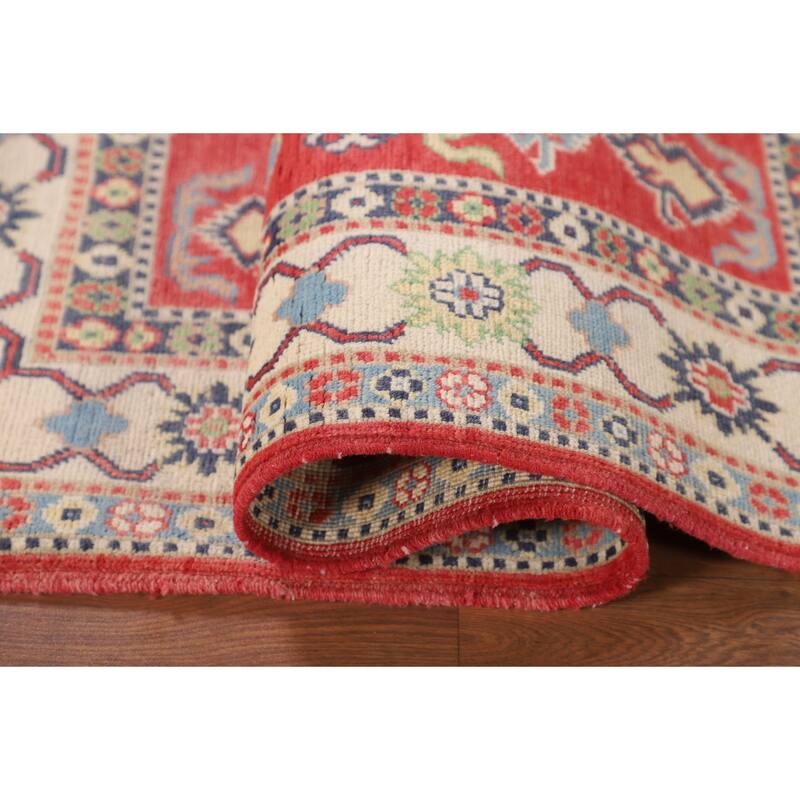 Geometric Kazak Accent Rug Handmade Red Wool Carpet - 3'4" x 5'0"