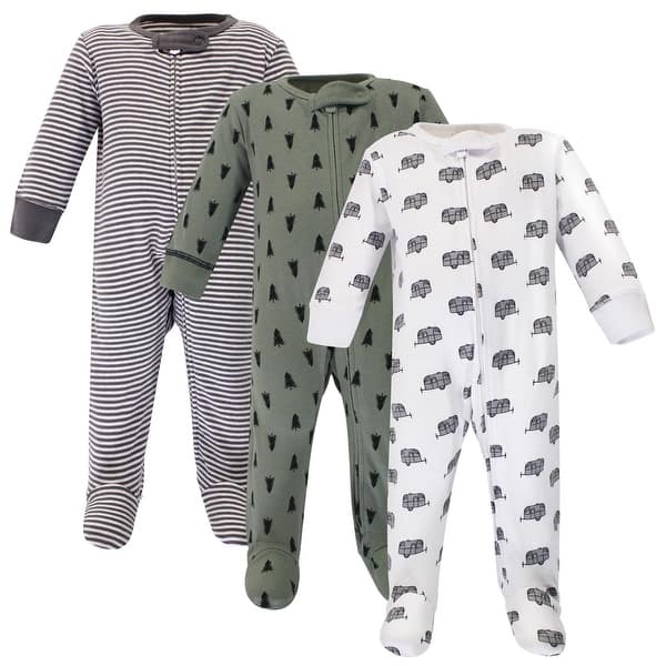 slide 1 of 1, Touched by Nature Baby Boy Organic Cotton Zipper Sleep and Play 3pk, Happy Camper 0-3 Months - Happy Camper