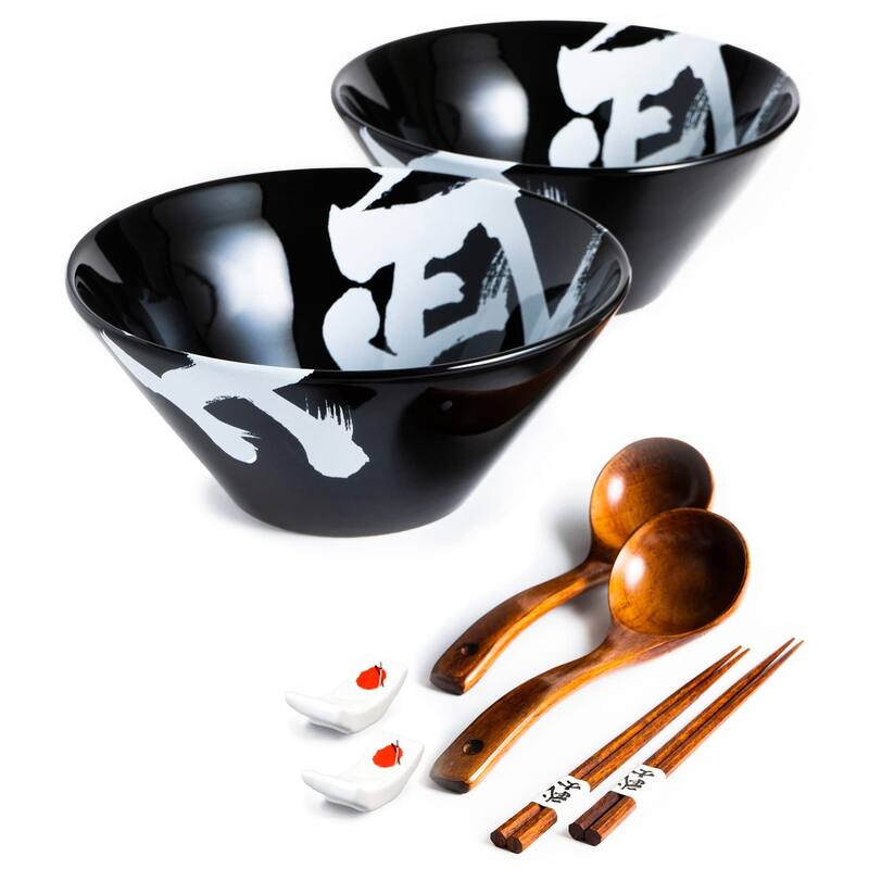 Ceramic Japanese Ramen Bowl Set, 60oz Large Ramen Bowls with Chopsticks, Spoons and Chopstick Rests Bowl Salad, Poke, Soup, Udon - Black