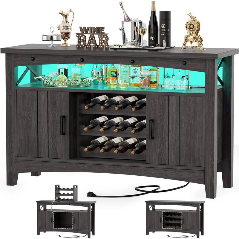 Farmhouse 47" Wine Bar Cabinet with Power Outlets & LED Lights, Industrial Coffee Bar Liquor Cabinet with Shelves & Wine Rack