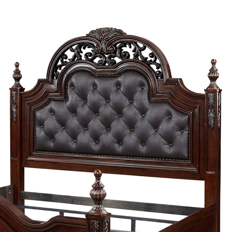 Amio Queen Bed, Button Tufted Faux Leather Headboard, Cherry Brown Wood