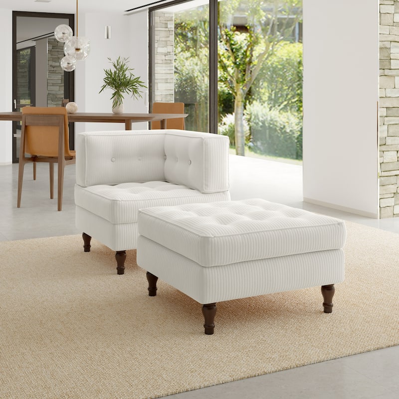 Corduroy Tufted Accent Chair Armchair and Ottoman Set - Beige