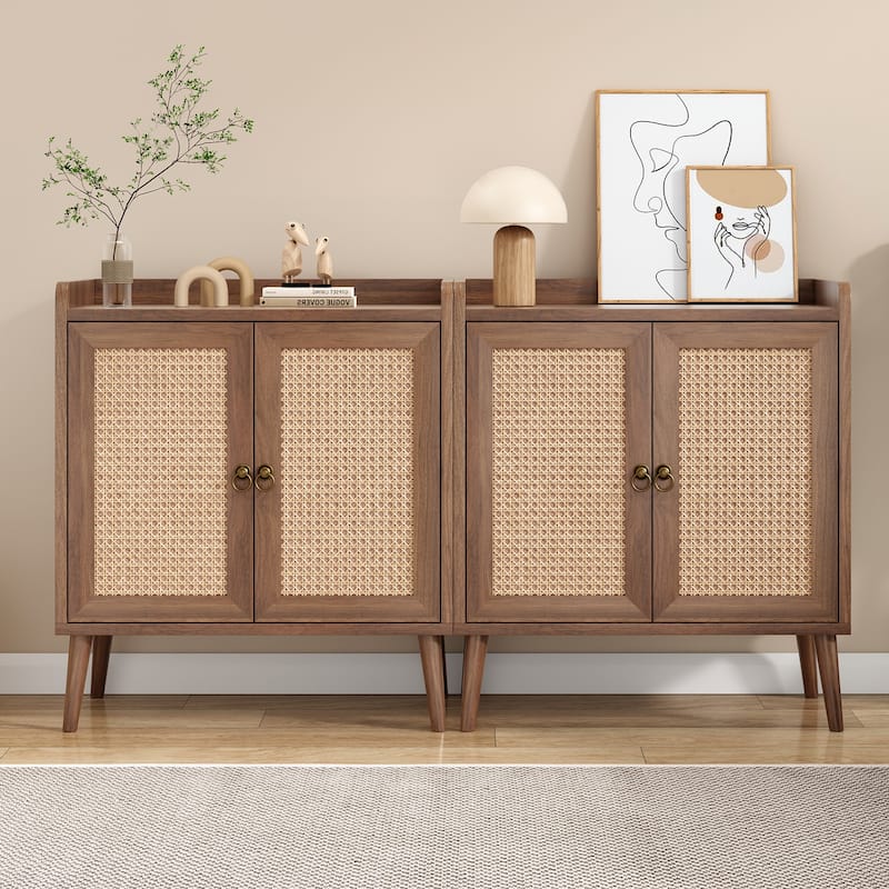 Sideboard Buffet Cabinet with Storage, Bar Liquor Cabinet with Rattan Decorated Doors, Credenza Console Tablefor Dining Room
