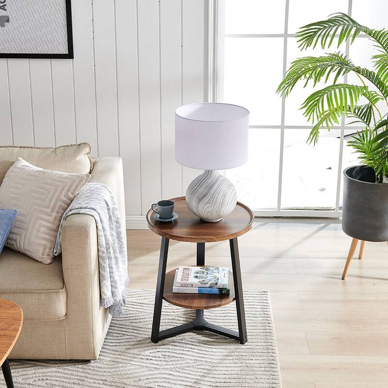 Mason Round 2-Tier Side Accent Table with Raised Lip Edge Tabletop and Mid-century Modern Crossed Metal Bold Pedestal Legs