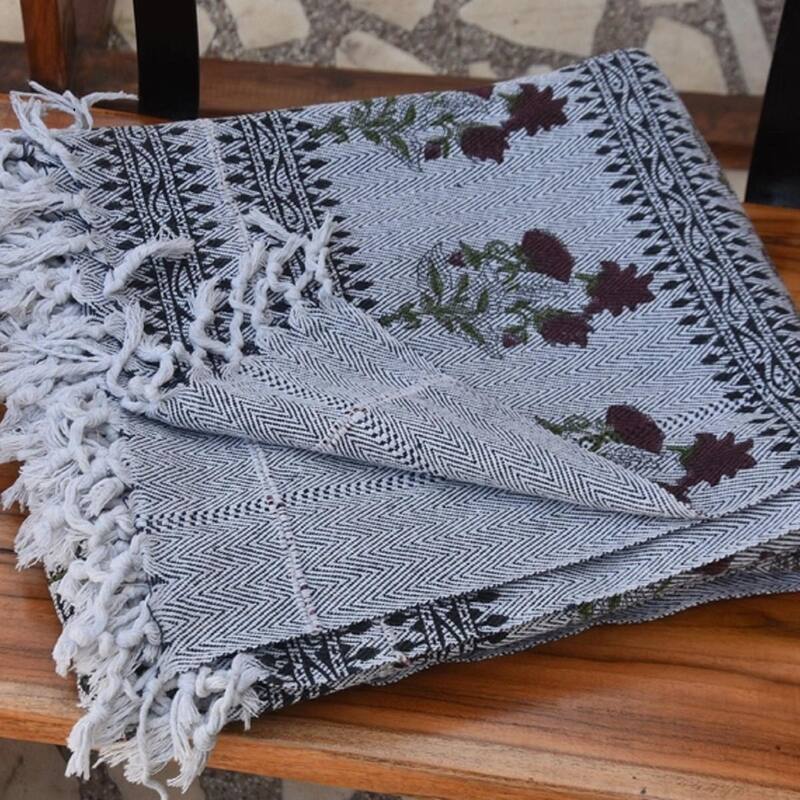 Fabdivine Meraki Handcrafted Cotton Bed Throw - Traditional Block Print Blanket for Bedroom & Living Spaces with Fringe, 90"x54"