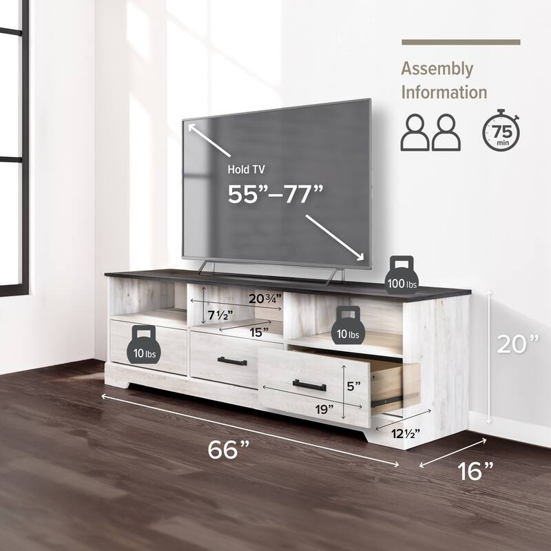 Prepac Rustic Ridge 66" W TV Stand for Living Room, Entertainment Room - 66" W x 20" H x 16" D