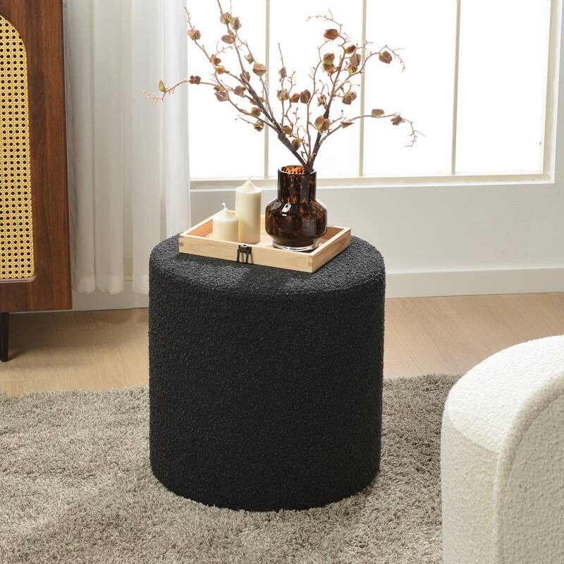 KINWELL Round Upholstered Pouf Ottoman Footrest - 18' x18' x18' - Boucle Black 18"