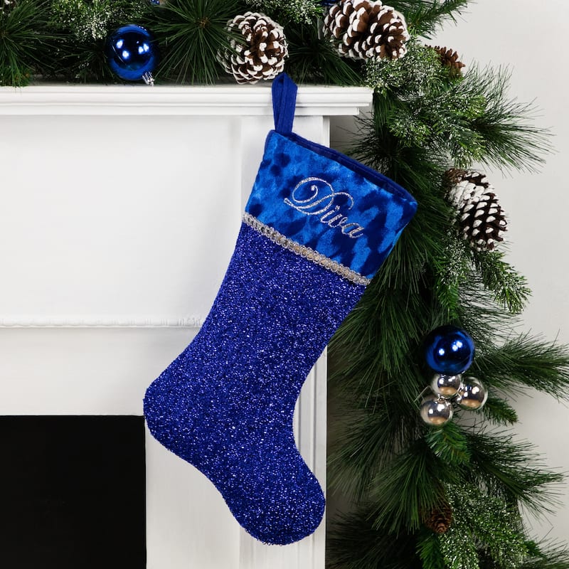 17" Blue and Silver Embroidered "Diva" Christmas Stocking with Cuff