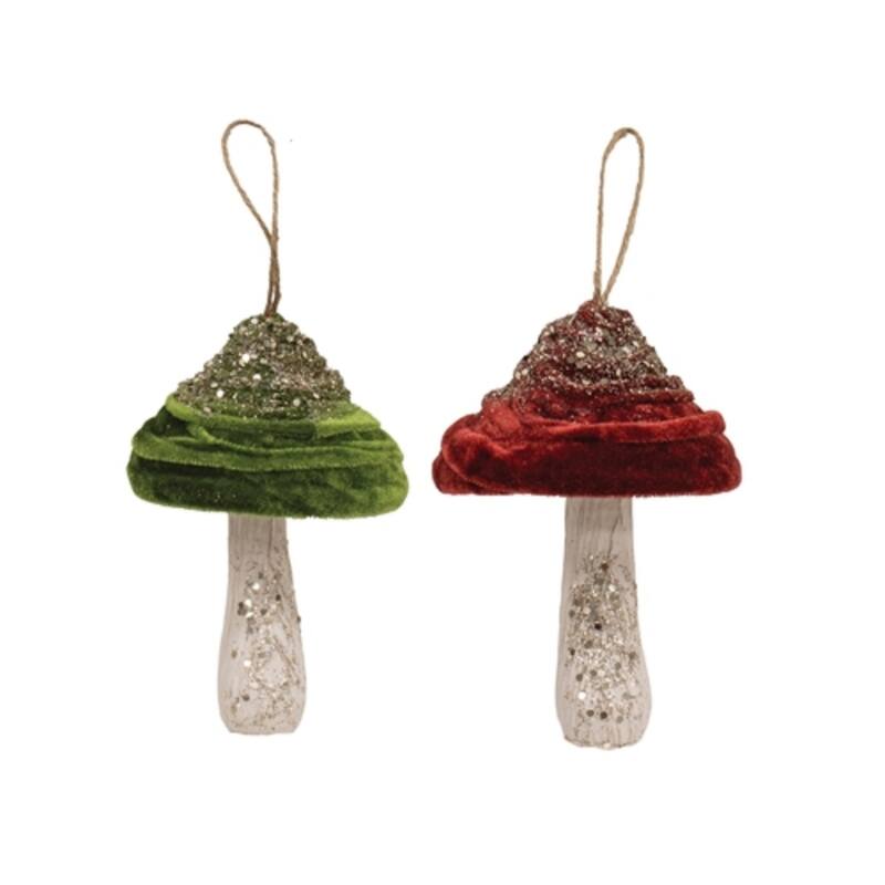 Green-Red Woodland Velvet Mushroom Ornament with Glitter & Jute Hanger, 2 Asstd. - 3.75 x 3.75 x 5.50 in. - Green/Red