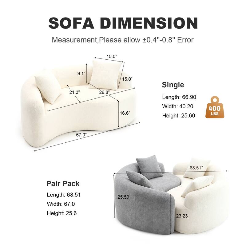 Yin-Yang Design Single Chaise Couch S-curved Chenille Sofa, Purchase 2pc for Combination into Tai Chi Round Sleeper Sofa Bed