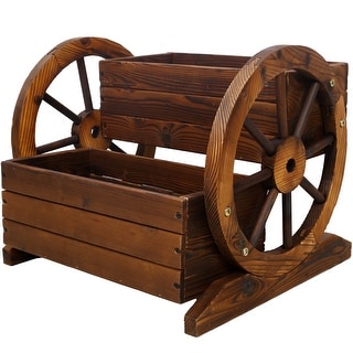 Wooden Wagon Planter Box with Wheels, Drain Hole, Indoor/Outdoor Garden ...