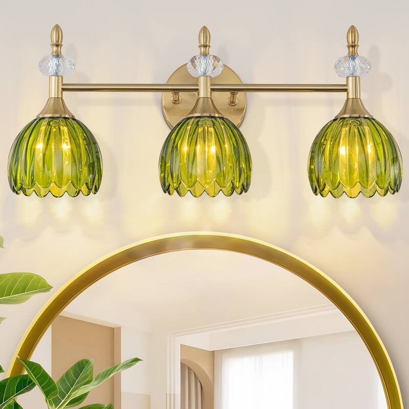 Starsky 3-Light Tulip-Inspired Floral Wall Sconce with Green or Amber Glass Shades, for Bathroom, Bedroom, Hallway