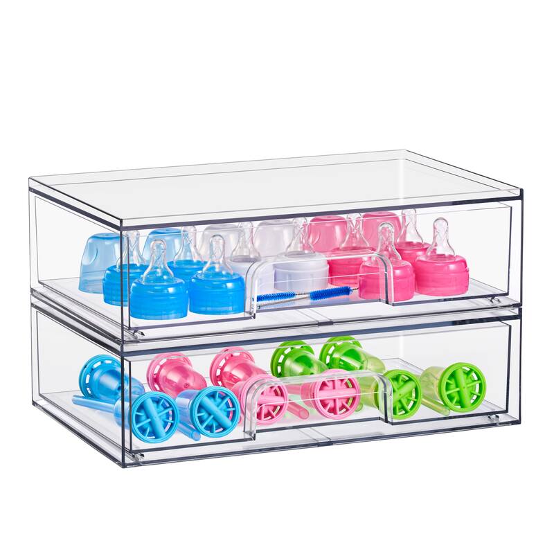 Sorbus Wide Stackable Acrylic Storage Drawers, Clear Plastic Organizer Bins for Baby Bottles, Bathroom, & Kitchen Organization - Wide 2 Pack