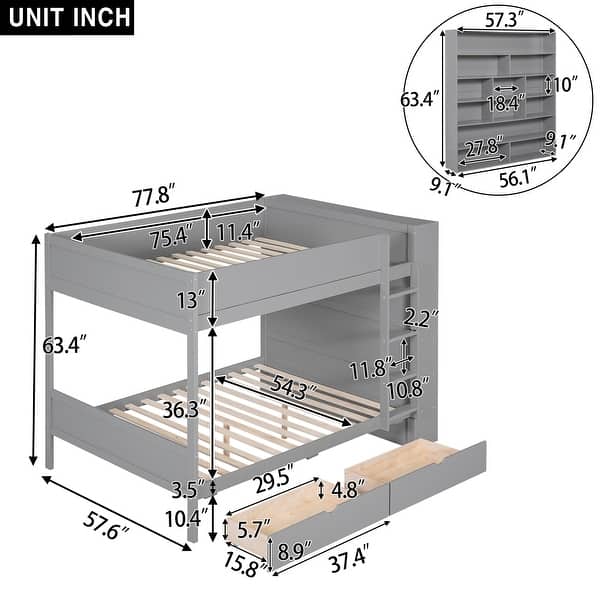 dimension image slide 1 of 2, Full over Full Size Bunk Bed with Stairs and Guardrail, Storage Captains Bed with Pull-out Drawers and Bookcase Cabinet Frame