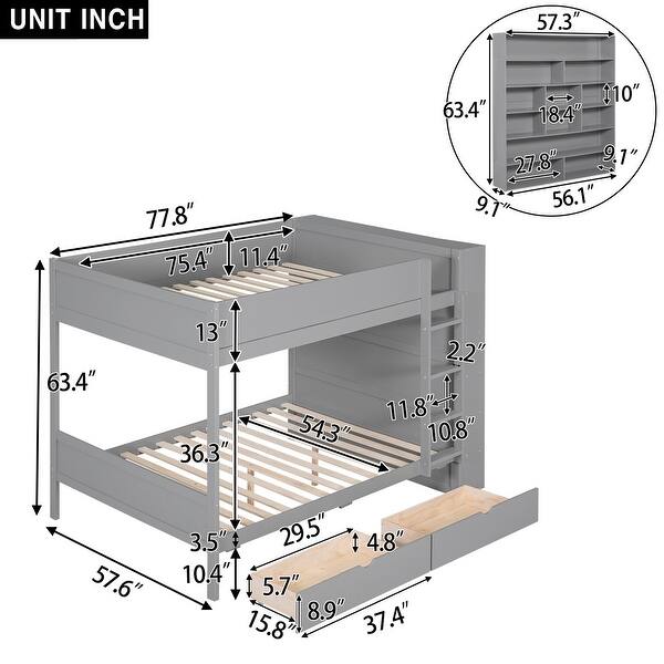 Gray Full Over Full Size Bunk Bed w/ 2 Drawers and Multi-Layer Cabinet