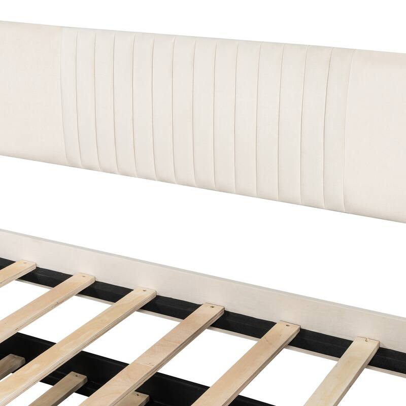 Twin Size Upholstered Daybed Sofa Bed with Trundle and Wood Slat, Light Blue/Beige/Gray