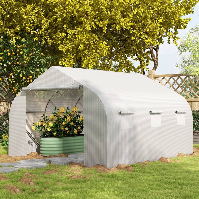Outsunny 12' x 10' x 7' Outdoor Walk-In Tunnel Greenhouse Hot House with Roll-up Windows, Zippered Door, PE Cover, White