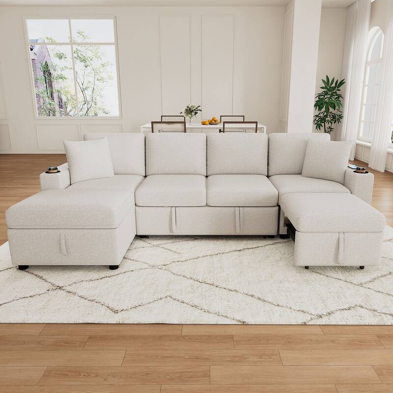 109.1" Chenille L/U-Shaped Convertible Sectional Sofa Bed with Ottoman & USB