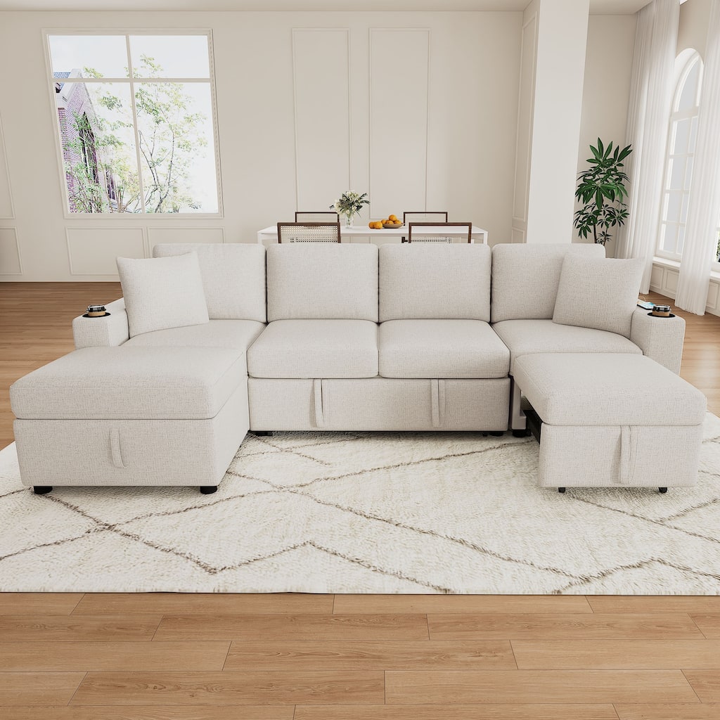 Convertible Sectional Sofa with Pull-out Sofa Bed and Dual Cup Holders