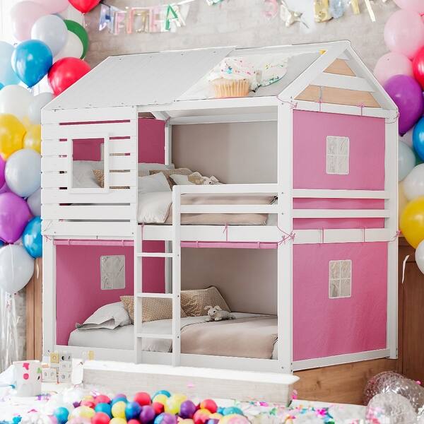 slide 2 of 39, Modren Full over Full Size Wood House Bunk Bed With Tent And Spacious Under Bed Space,s Pink