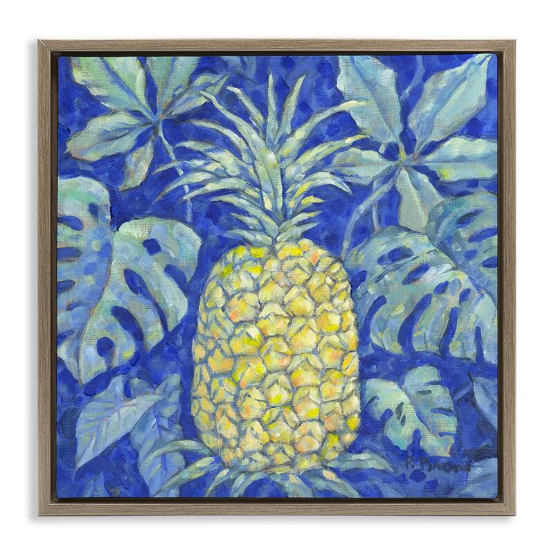 Stupell Tropical Pineapple on Blue Framed Floater Canvas Wall Art Design By Paul Brent - 18 x 18 - Brown