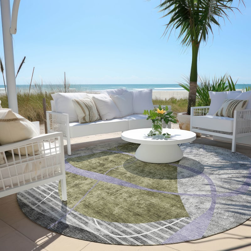 Machine Washable Indoor/ Outdoor Chantille Contemporary Abstract Rug - Olive - 8' x 8'