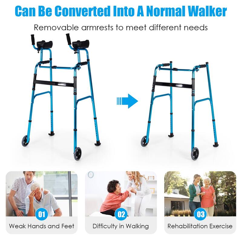 Costway Folding Wheel Walking Frame Adjustable Alloy Walker W/Armrest - See Details