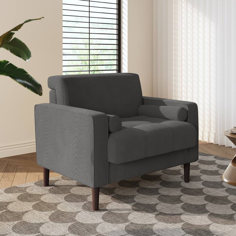 Modern Upholstered Corduroy Wide Armchair with Bolster Pillows