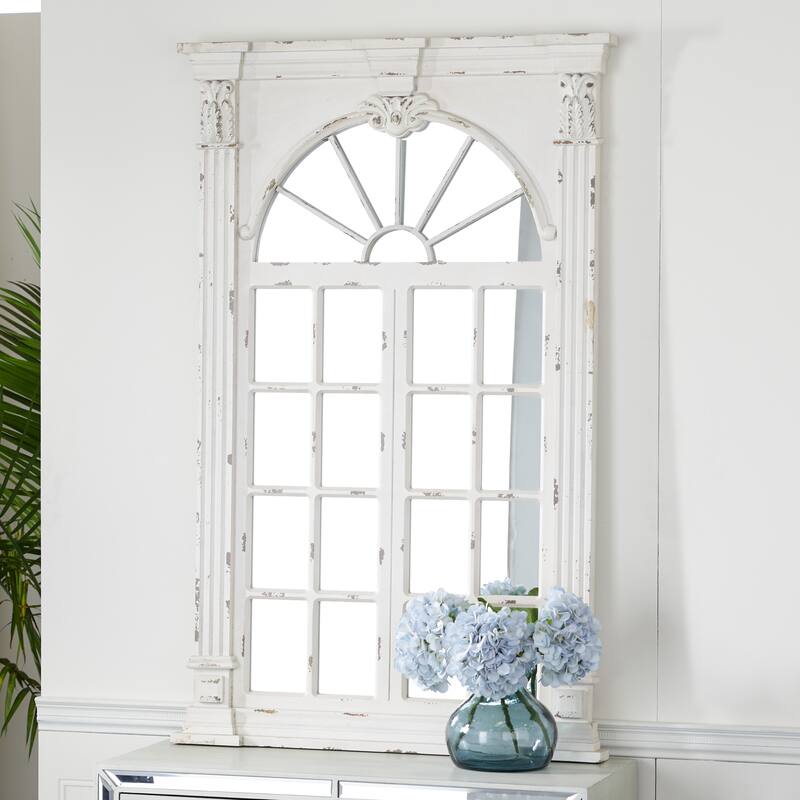 Wood Window Pane Inspired Wall Mirror with Arched Top and Distressing - Cream - Roche River Decor - 3"Wx37"Lx52"H