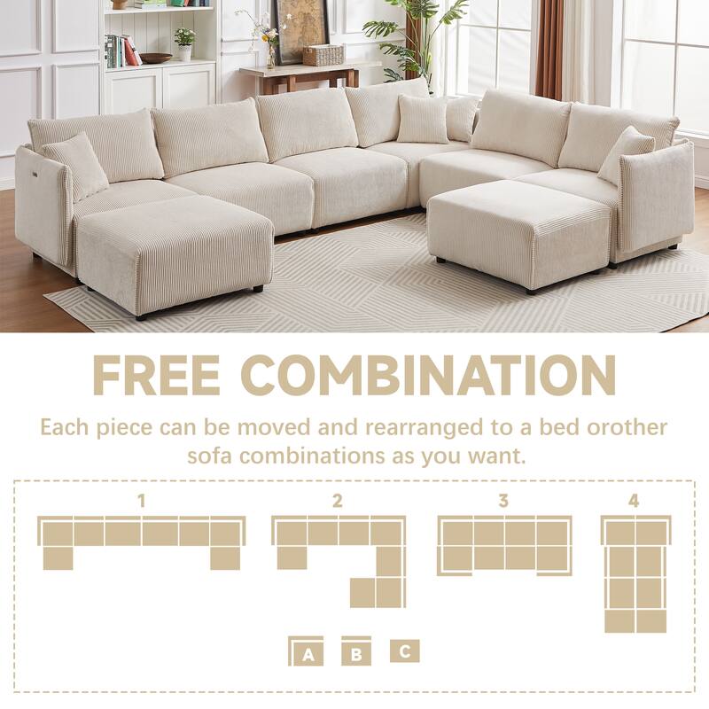 106.3" Corduroy Modular Sectional Sofas with USB-C Charging and 4 Comfort Cushions (Set of 2)