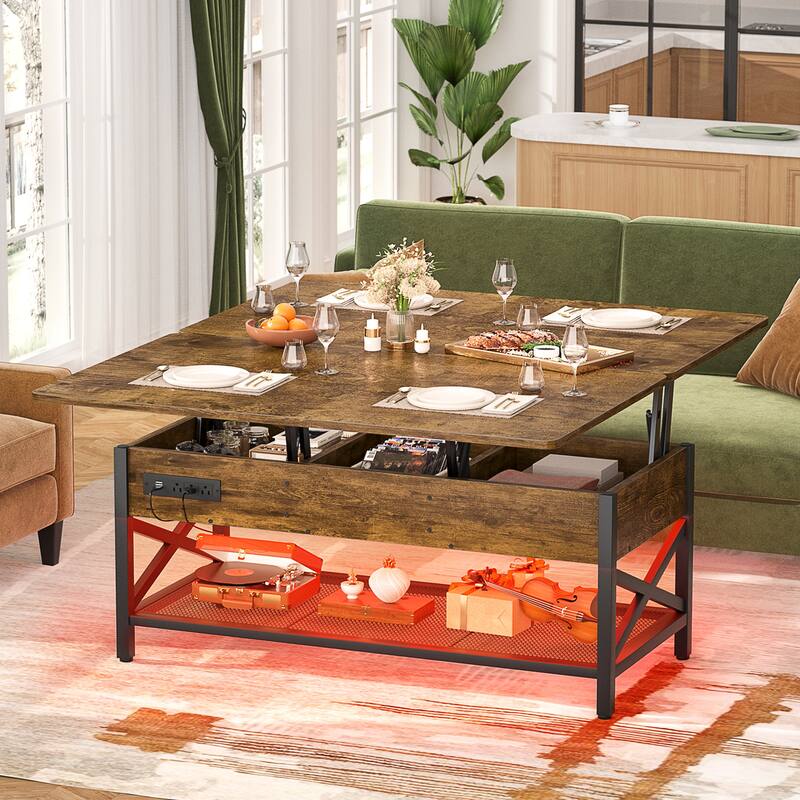 Lift Top Coffee Table with LED Lights and USB Port, Modern Farmhouse Convertible Dining Table