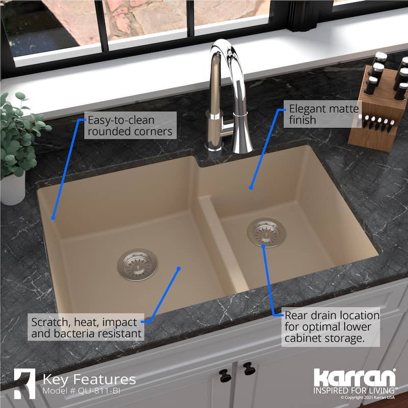 Karran Undermount Large/Small Bowl Quartz Kitchen Sink - 32" x 21.25" x 9" - 32" x 21.25" x 9"
