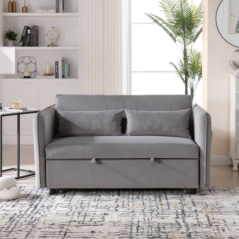 3 in 1 Convertible Sleeper Futon Sofa Bed, 55" Grey Velvet Loveseat with 2 Pillows, Reclining Backrest, Side Pockets