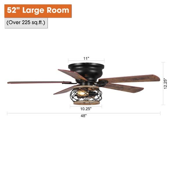 48" Antique Wooden 5-Blade Black Flush Mount Ceiling Fan with Light