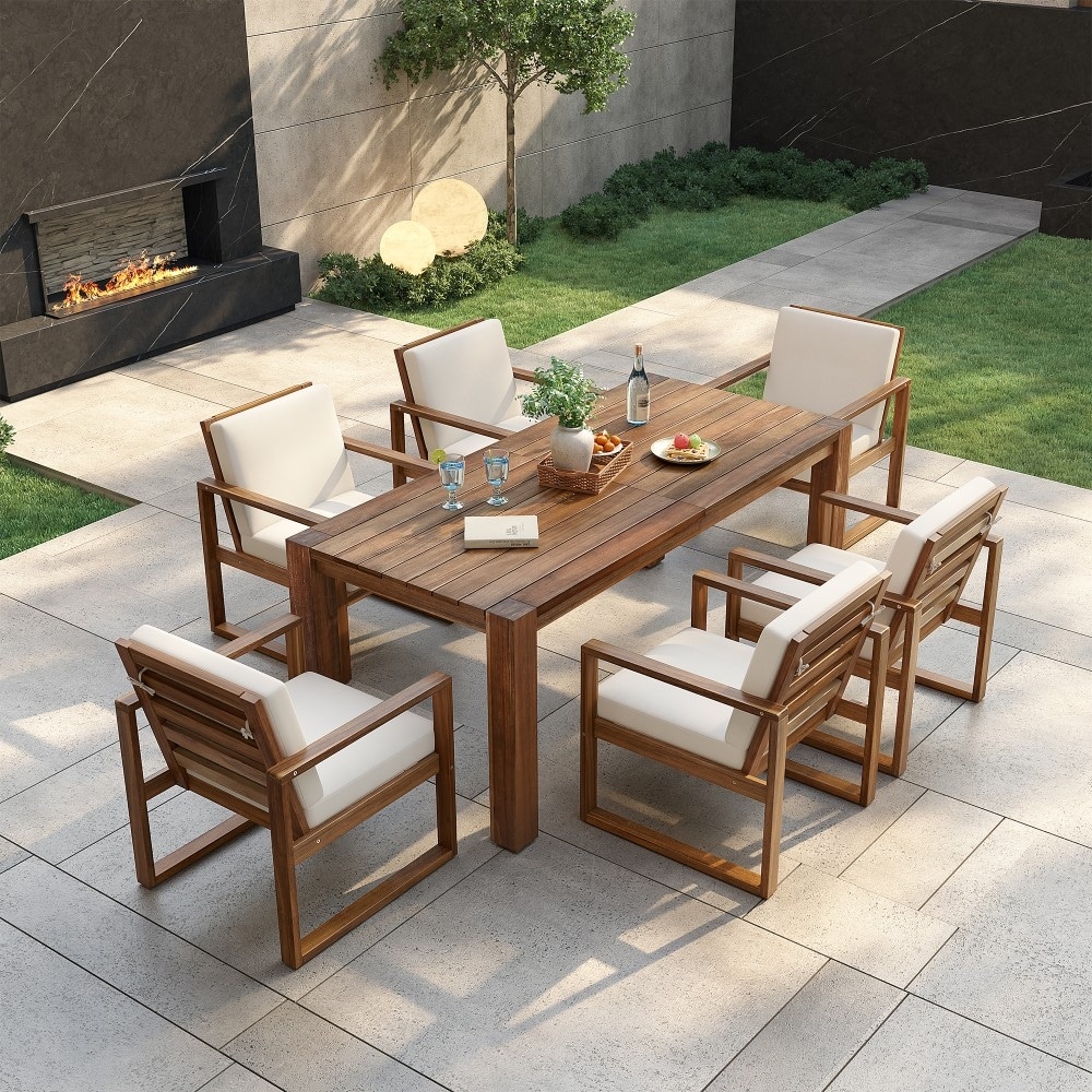 Modern 7-piece Outdoor Wooden Dining Set with Umbrella Hole and Removable Cushion