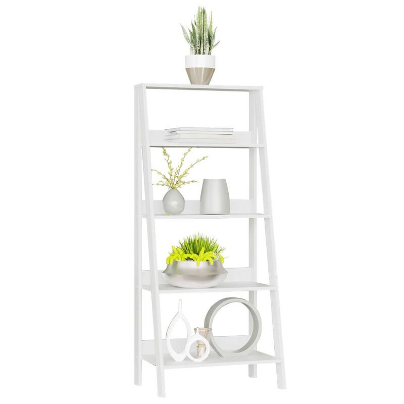 Madesa TV Stand with 1 Door, 4 Shelves and Ladder Shelf - White